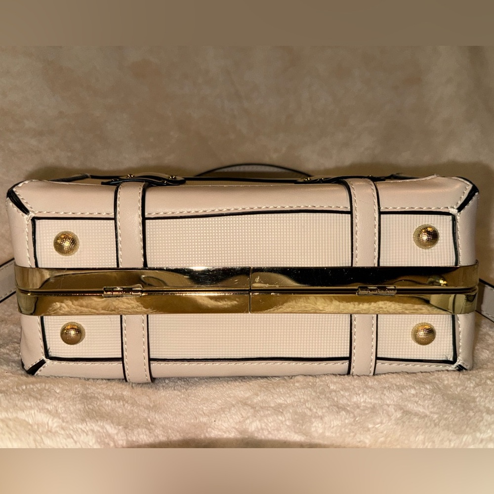 Structured Faux Leather Cream Mini Suitcase Trunk Buckle Crossbody Handle Bag - Picture 7 of 10